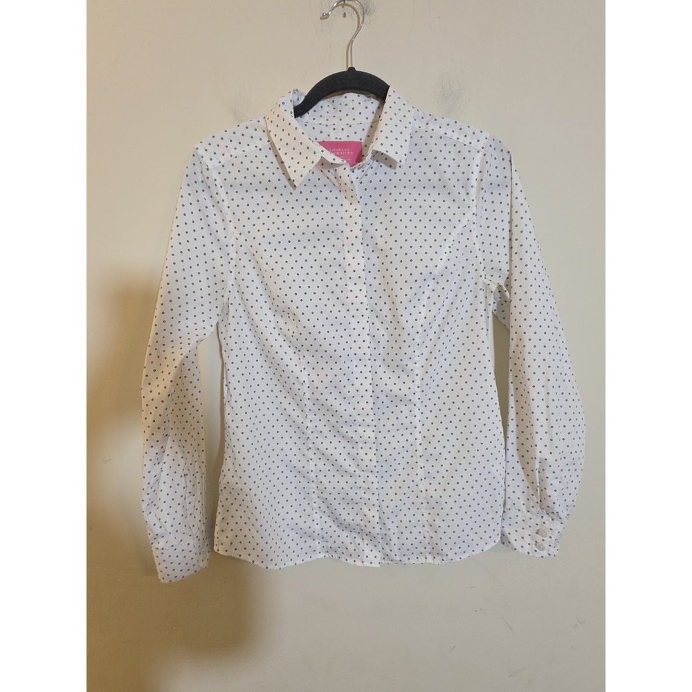 Charles Tyrwhitt Womens White Polka Dot Non-Iron Cotton Button Down Shirt US 6
